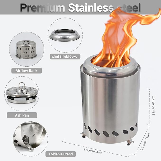 5.5 Inch Tabletop Stainless Steel Fire Pit Stove Multi-Color Low Smoke Top Firewood Stove for Outside Portable Mini Outdoor Fire Pit Including free gifts: pellet and heat-insulating gloves (Silver)