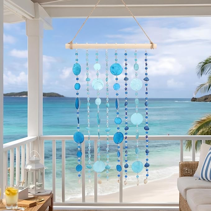 Novabright Capiz Shell Wind Chime for Outside Handmade Ocean Themed Shell Wind Chimes for Outdoors Coastal Nautical Decor for Patio Garden Porch Beach Themed Gift for Nature Lovers(Modern,Blue)