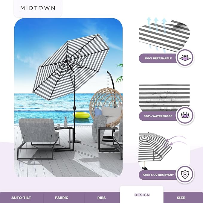 Midtown Umbrellas The Lean 8 Feet Outdoor Umbrella With Terylast Matter Stripes (Grey/White Stripes) Polyester Fabric - Auto-Tilt Aluminum Frame Patio Umbrella For Deck, Garden, Pool - Black Pole