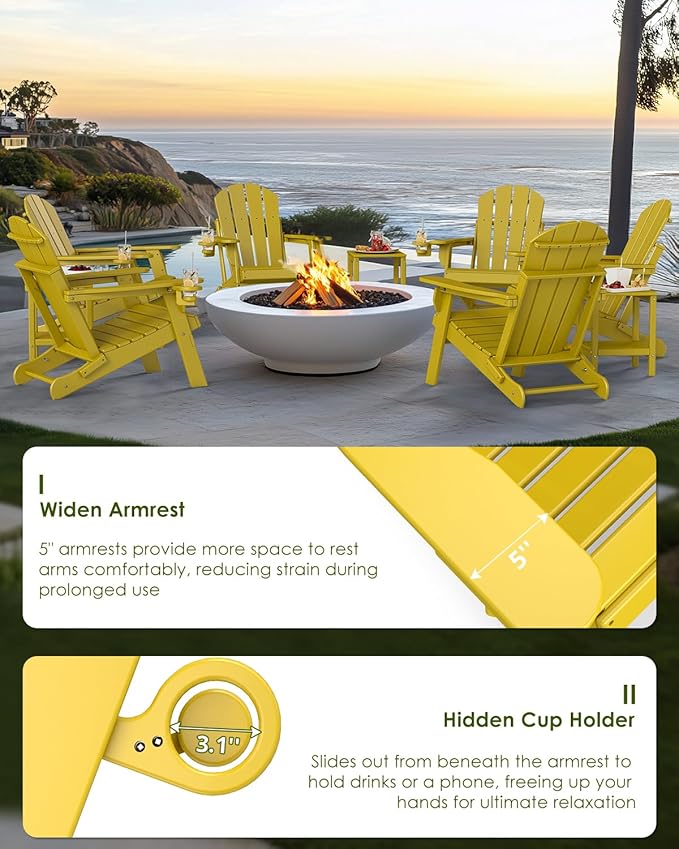GREENVINES Folding-Adirondack-Chairs-Set-of-4 | HDPE Plastic | Fire Pit Chair | All Weather | Cup Holder | Yellow | for Deck Backyard Patio Outdoor Garden