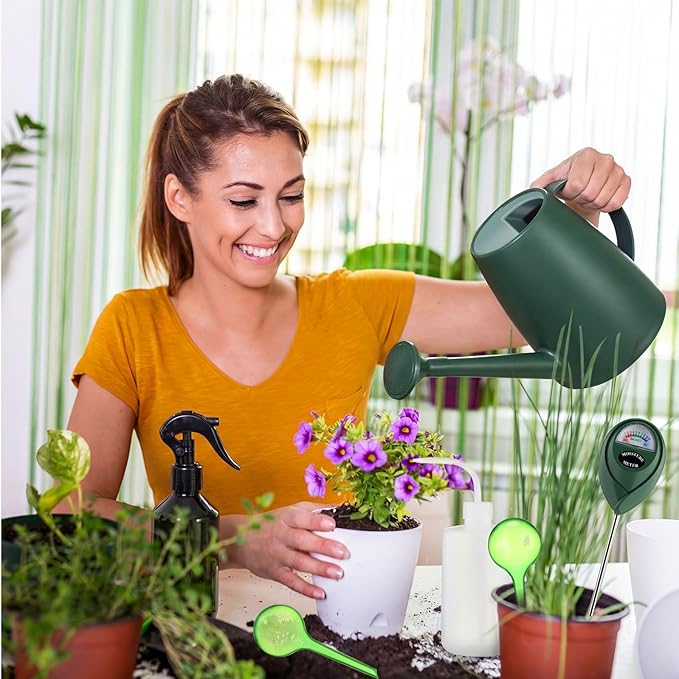 6 Pcs Indoor Watering Can Set 1/2 Gallon Can 6.8 oz Spray Bottle 17 oz Squeeze Bottle Plant Watering Globes Soil Moisture Meter Small Spraying Set for Indoor Outdoor Plants (Dark Green)