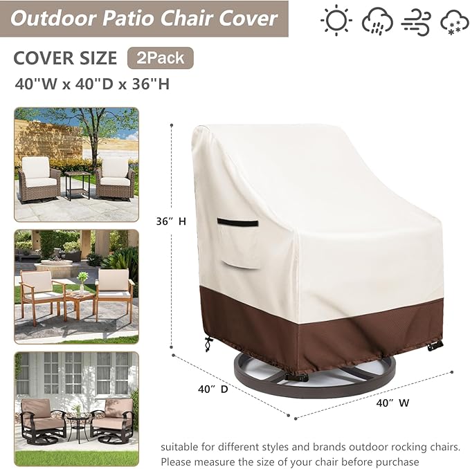 Waterproof 2 Pack Outdoor Swivel Chair Cover for Patio Chair Size Up to 40" W x 40" D x 36" H inch,Outdoor Lawn Patio Furniture Covers (Beige)
