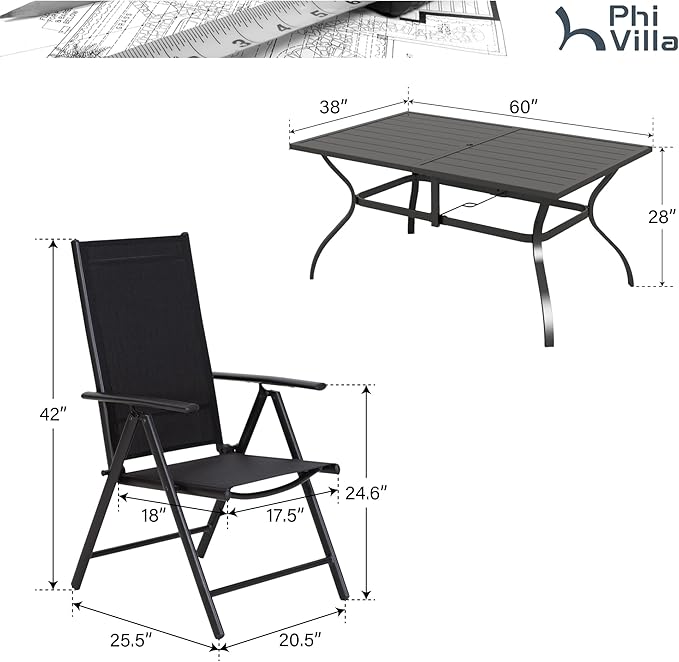 PHI VILLA Outdoor Dining Set with Patio Table and Chairs, Patio Dining Furniture Set for 6 with Adjustable Foldable Patio Chairs & Metal Steel Table for Garden, Black