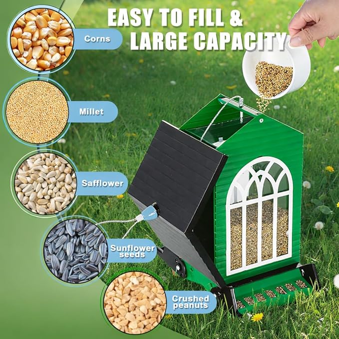 Squirrel Proof Bird Feeder for Outdoors,5LB Large Capacity,Metal Wild Bird Seed Feeder with Bilateral Weight-Activated Perches for Outside Hanging,Garden Decoration,Green