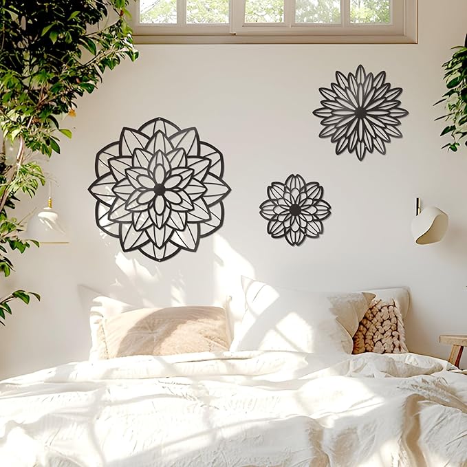 Zzbakress 3 Pcs Metal Flowers Wall Decor Black Wall Decor Metal Flower Art Farmhouse Wall Art Multiple Flowers Hanging Decor for Bathroom Living Room Kitchen Garden Office (Black Modern)