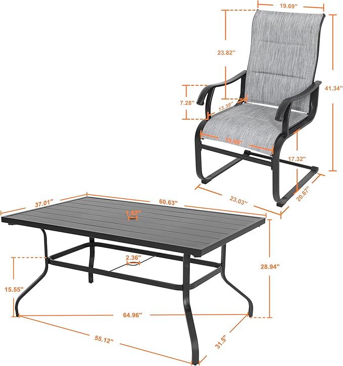 NUU GARDEN 7 Piece Outdoor Dining Set, 6 All Weather Padded Textilene Patio Chairs and 61" Rectangular Dining Table with 1.57" Umbrella Hole, for Patio, Garden, Light Grey and Black
