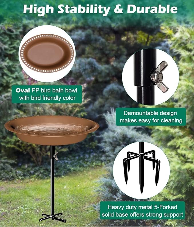 29 Inch Height Detachable Bird Bath with Metal Stake Stand, Oval Shape Birdbath Bowl Spa & Birdfeeder with 5-Prong Base for Outdoor Garden, Brown