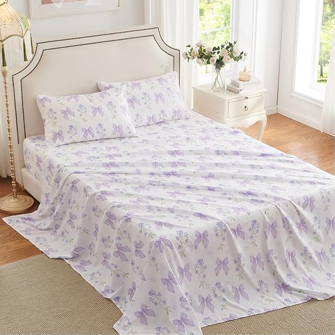 Purple Bow Sheet Set Queen Garden Floral Fitted Sheet Set for Girls Kids Soft Microfiber Fitted Flat Sheets & Pillowcases Cute Princess Style Bowknot Bedding Sets Toddlers 4 Pieces
