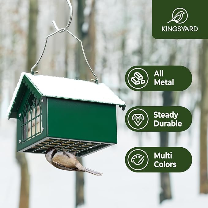 Kingsyard Double Upside Down Suet Feeder Squirrel Proof with Weatherproof Roof, All Metal Suet Feeders for Outdoors Hanging, Great for Downy Woodpecker Nuthatch Chickadee, Green
