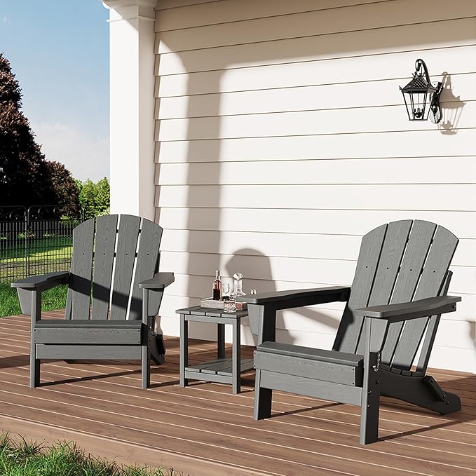 GarveeLife Folding Adirondack Chairs Set of 2 with Side Table, HDPE Plastic Outdoor Chairs with Wood Texture - 380 LBS & Weather Resistant for Fire Pit, Deck, Patio, Pool, Backyard - Gray