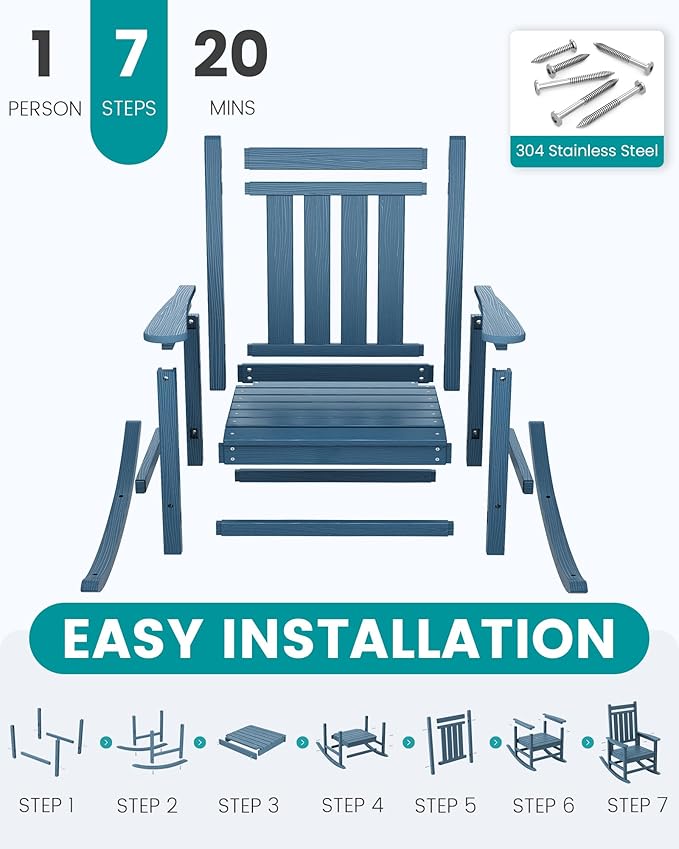 SERWALL Outdoor Rocking Chair, HDPE Rocking Chair for Adults, All Weather Porch Rockers for Lawn Garden, Navy