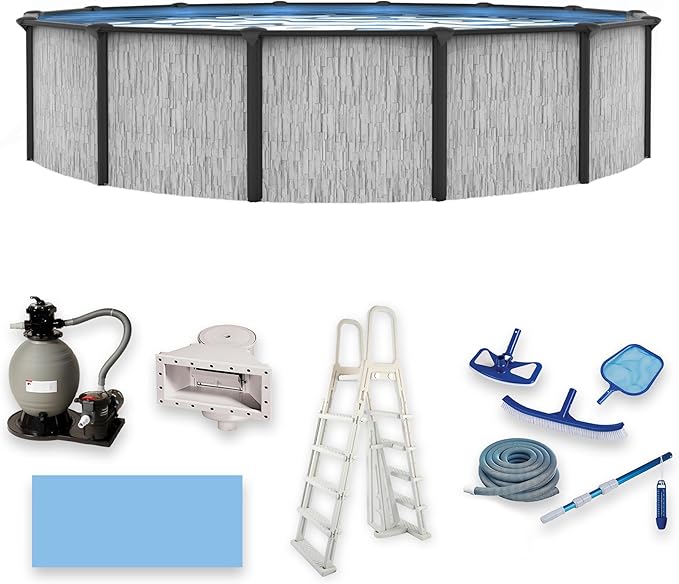 Blue Wave Sevilla 18-ft Round 52-in Deep Above Ground Swimming Pool – with Steel Wall & Top Rails, Sand Filter, Overlap Liner, A-Frame Ladder & Maintenance Kit – Complete Outdoor Pool Accessories