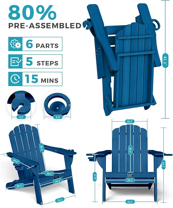 Adirondack Chairs Set of 4, HDPE Material Fire Pit Chairs, Plastic Adirondack Chairs with 2 Cup Holder, Outdoor Lawn Chair for Patio Garden, Navy Blue