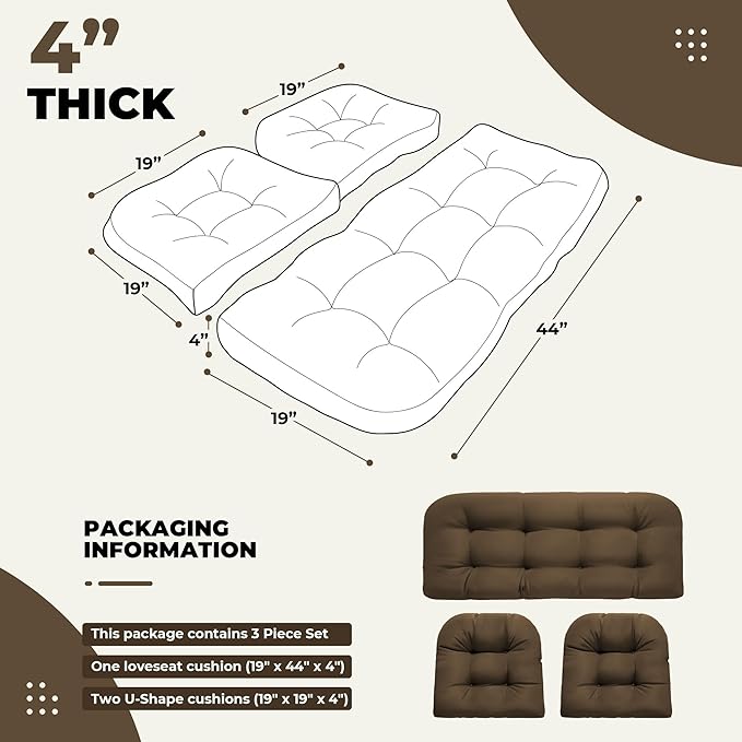 Wicker Chair Cushions, Waterproof Outdoor Loveseat Cushions for Patio Furniture, Tufted Wicker Furniture Cushions, 1 Loveseat and 2 U-Shaped Cushions, Brown