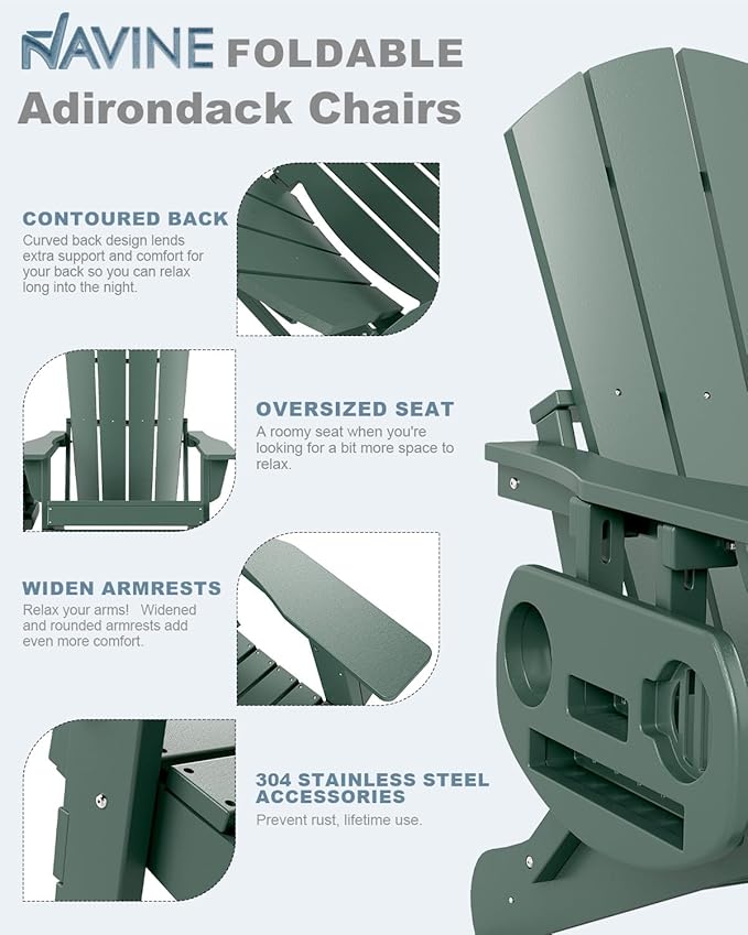 Adirondack Chair Set of 4, HDPE Folding Adirondack Chair with Multifunctional Cup Holder, Weather Resistant Fire Pit Chair for porches, patios, poolsides, Decks.