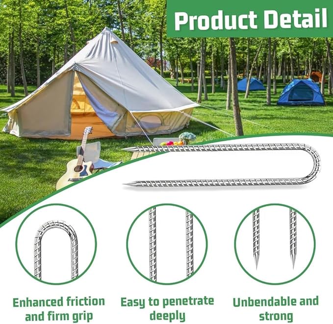 U-Hook-Rebar-Stakes-12 Inch, Ground Stakes Heavy Duty Rebar Stakes for Camping 8pcs Rebar Stakes Rust Proof Coated Metal for Flower Gardens Dog Fence Camping Tents Chicken Coop
