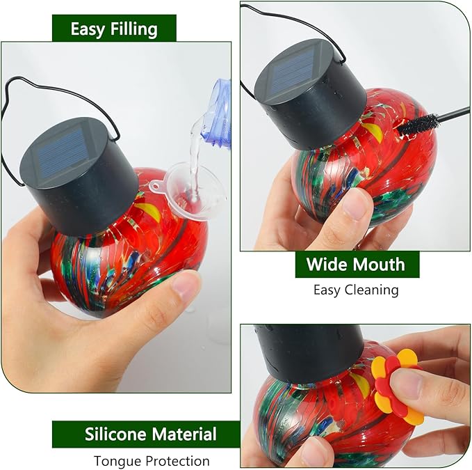Solar Hummingbird Feeder with Hanging Planter - 3 Glass Balls, Solar Lights, Bee Resistant & Leakproof Design, Outdoor Garden Decor Gift for Bird Lovers