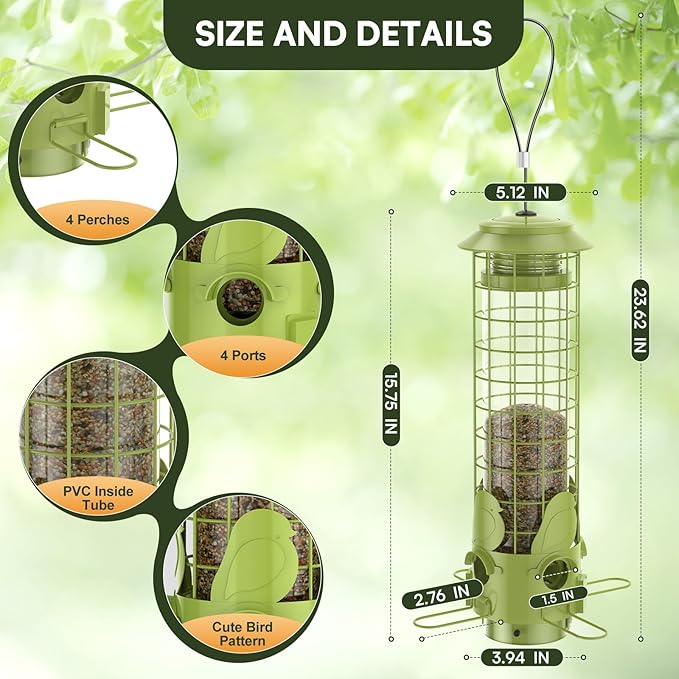 Squirrel Proof Bird Feeders for Outdoors Hanging,Metal Mesh Bird Feeders Weight Activated - Large Tube Wild Bird Feeders Squirrel Proof with 3LB Capacity for Finch, Cardinal, Blue Jay