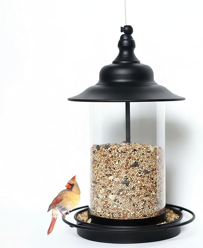 Bird Feeders for Outdoors,Hanging Bird Feeder with Locking Lid, Metal Birdfeeder with 17.5cm Weatherproof Large Roof&Tray,3 Feeding Perches,Chew-Proof, Black,1 Pack
