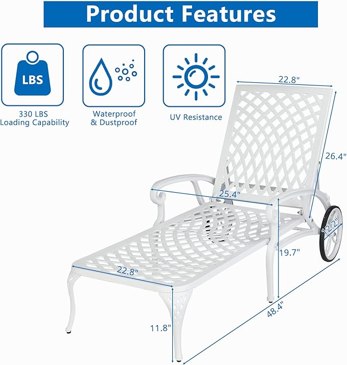 VINGLI Cast Aluminum Outdoor Chaise Lounge Chair with Wheels, Patio Chaise Lounge with 3-Position Adjustable Backrest, Tanning Chair Reclining Chair for Poolside (White, Without Cushion)