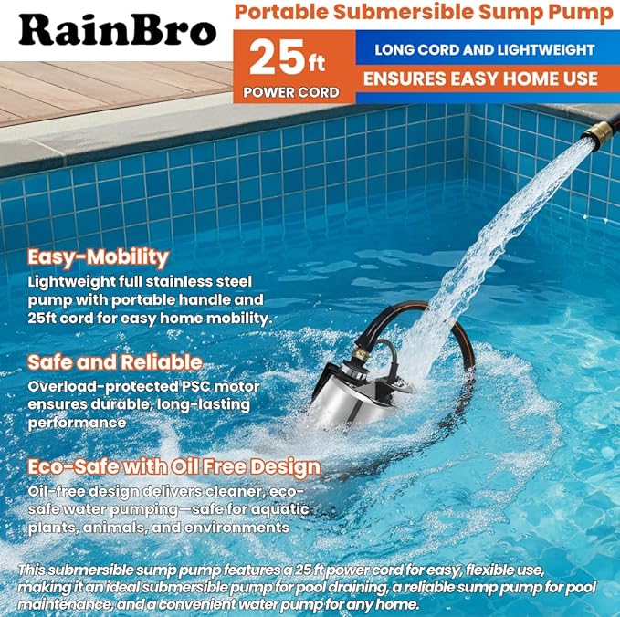 Sump Pump Submersible With 10Ft. Garden Hose, Water Pump, Portable Utility Pump, 25-Foot Cord, Ideal for Swimming Pool, Garden Pond, Hot Tub, and Flood Basement Draining
