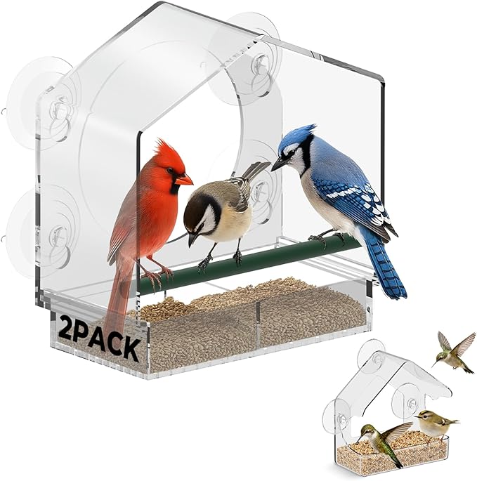 Window Bird Feeder with Non-Marking Self-Adhesive Hooks, Clear and Transparent, Outdoor Wild Bird Watching Gift for Finches, Cardinals (1 Large+1small Wihte)