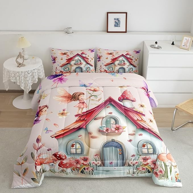 Erosebridal Floral Fairy Twin Bedding Set,Dreamy Fairy Garden Comforter Set for Girls Kids,Cute Mushroom Butterfly Comforter,Kawaii Girly Flower Bedroom Room Decor,1 Pillowcase Reversible