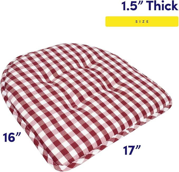 Sweet Home Collection Chair Cushion Memory Foam Pads Tufted Slip Non Skid Rubber Back U-Shaped 17" x 16" Seat Cover, 6 Pack, Checkered Wine/White