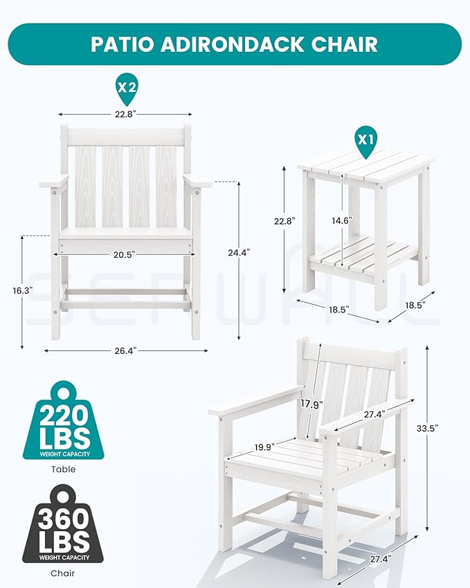 SEWRWALL Patio Furniture Set, HDPE Material All Weather Use Adirondack Chair Set with Side Table for Balcony, Porch, Garden, Backyard- White