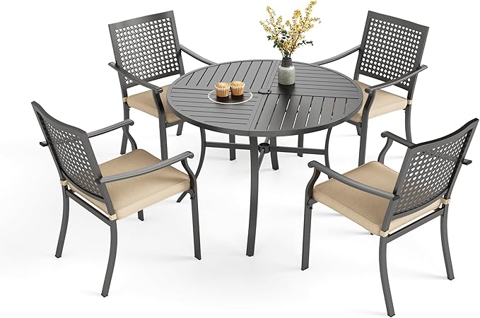 PHI VILLA 5 Pieces Outdoor Round Dining Set for 4, 42" Metal Steel Table with Umbrella Hole & Stacking Wrought Iron Chairs with Cushions, Modern Circle Furniture Set for Patio, Deck, Yard, Porch