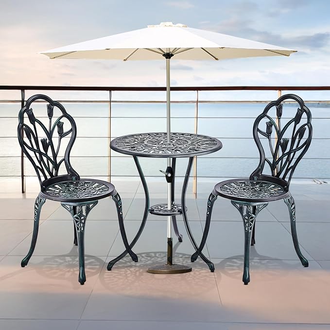 VINGLI 3 PCS Outdoor Bistro Set, Outdoor Patio Set, All-Weather Cast Aluminum Bistro Table Set, Bistro Table and Chairs Set of 2 for Backyard, Garden, Balcony (Green, Tulip)
