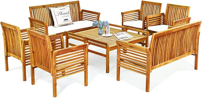 Tangkula 8 Piece Outdoor Acacia Wood Sofa Set w/Water Resistant Cushions, Padded Patio Conversation Table Chair Set w/Coffee Table for Garden, Backyard, Poolside (2)