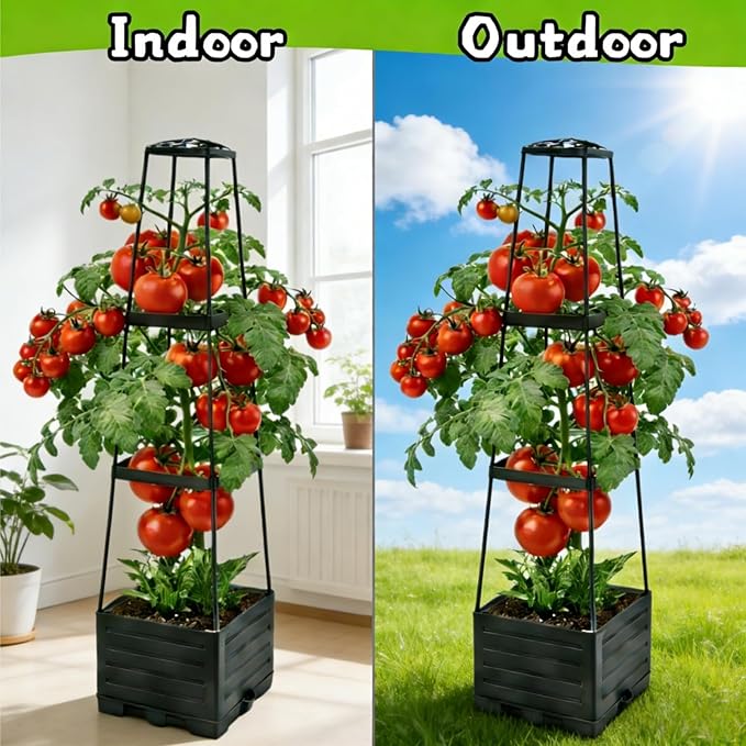 2Pcs Raised Garden Bed Tomato Planter Box with Trellis, 45 Inch Self-Watering Large Tomato Cage for Patio Garden Pots, Climbing Plants Cucumber Vine Vegetables Flowers Outdoor & Indoor