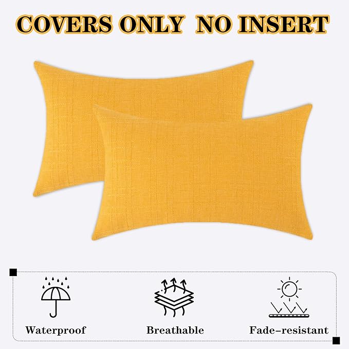 Kevin Textile Outdoor Waterproof Lumbar Pillow Covers 12x24 Inch Pack of 2 Checkered Decorative Rectangle Cushion Throw Pillowcases Shell for Patio Tent Garden Couch Bed Sofa Sunflower Yellow