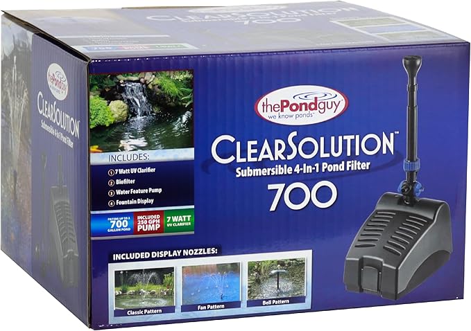 The Pond Guy ClearSolution Submersible Filter, Pump & Ultraviolet System for Outdoor Water Garden with Fountain Attachments & Diverter Valve, 700