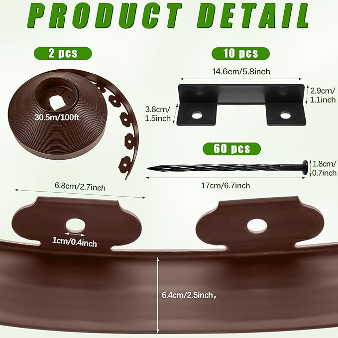 Sasylvia 2.5'' x 200' Landscape Edging Kit Edging Border Coil Include 120 Anchoring Spikes 10 Connectors Plastic Garden Border for Lawn Garden Grass Yard Home(Brown)