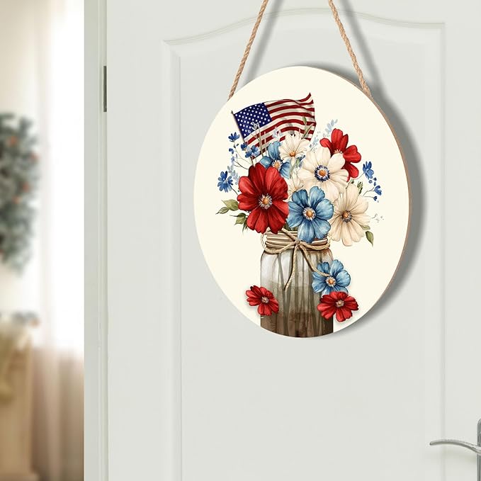 4th of July USA Flag Door Sign For Front Door Decor,Patriotic Mason Jar Red Blue White Flowers Memorial Day Wooden Sign 12"x 12" Round Hanging Door Sign Decoration for Wall Rustic Decor