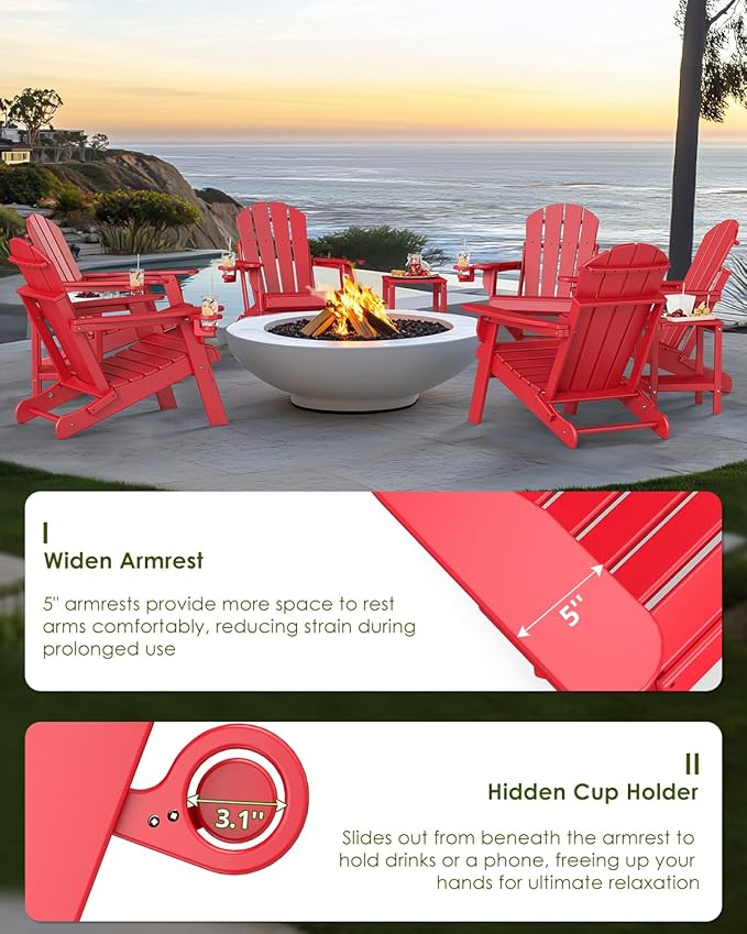 GREENVINES Folding-Adirondack-Chairs-Set-of-6 | HDPE Plastic | Fire Pit Chair | All Weather | Cup Holder | Red | for Deck Backyard Patio Outdoor Garden