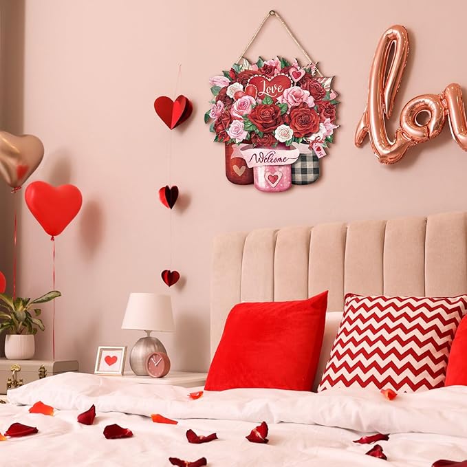 Boao Welcome Valentine's Day Wooden Hanging Sign Farmhouse Door Decor Valentine's Day Wood Love Rose Door Sign Rustic Wall Plaque Ornaments for Window Wall Porch Decorations