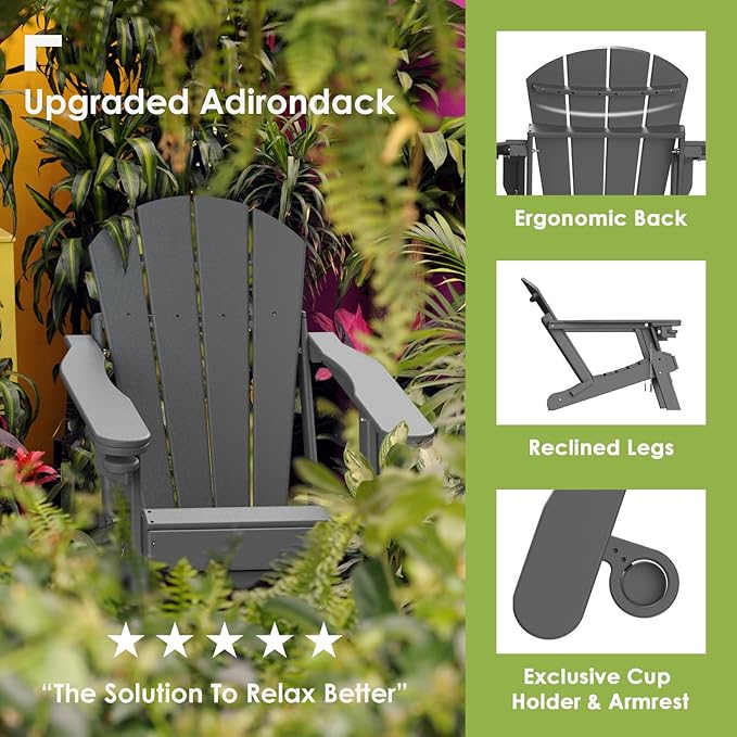 GREENVINES Adirondack-Chairs-with-Ottoman | Set of 6 | Folding | Retractable-Footrest | HDPE Plastic | All Weather Fire Pit Chair | Cup Holders | Grey | for Outdoor Poolside