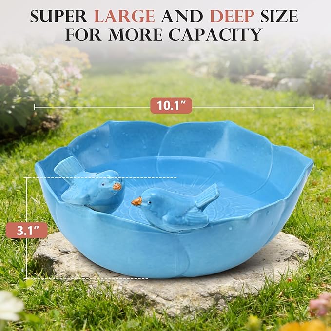 Ceramic Bird Bath for Outdoors, 10.1” Hand-Painted Glazed Ceramic Bird Baths Bowls and Feeders for Outside, UV/Frost-Resistant Finish Ground Garden Table Top Bird Baths Decor for Patio Yard Home Blue