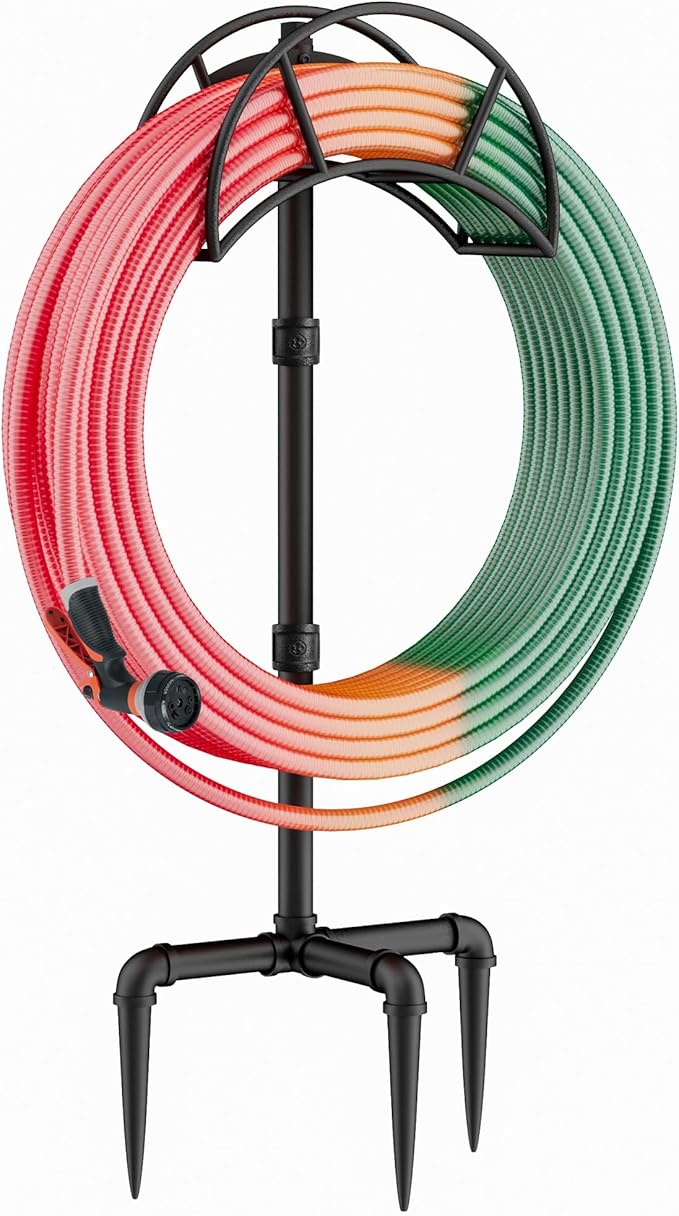 LAND·VOI Hose Holder, Garden Hose Holder Freestanding, Metal Heavy Duty Water Hose Holder Holds 150 Feet Hose, Detachable Hose Storage Hanger for Outside with 3 Spikes, for Lawn Yard, Black GHH01B