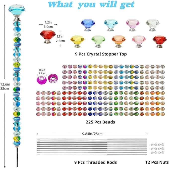 255Pcs Beaded Garden Stakes Kit with Large Hole Beads and Crystal Diamond, DIY Fairy Wand Kit for Different Holidays, Fairy Garden Accessories Outdoor, Beadable Items (Crystal Diamond)