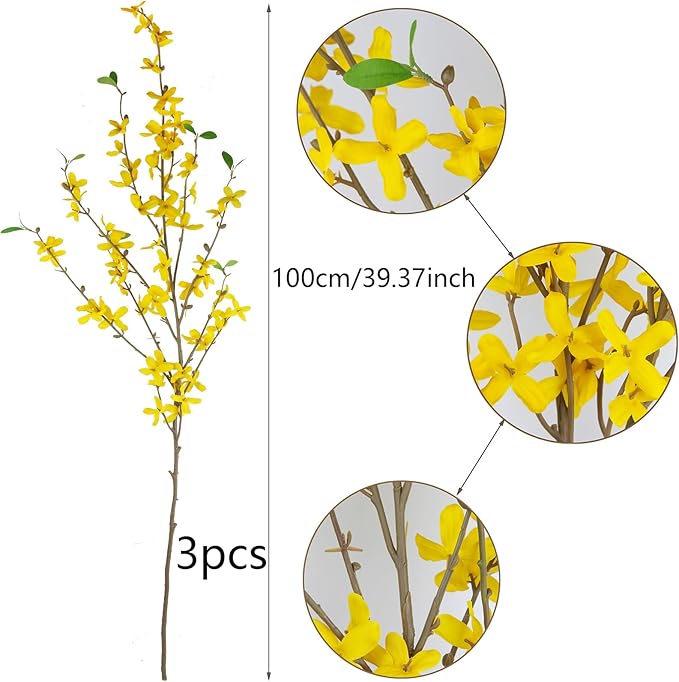 CISDUEO 3 Pcs Artificial Forsythia Flower Branches Artificial Flowers Yellow Silk Long Stem 39.4 Inch Fake Jasmine Spring Flowers Artificial Orchids for Wedding Floral Arrangement Party Table Decor