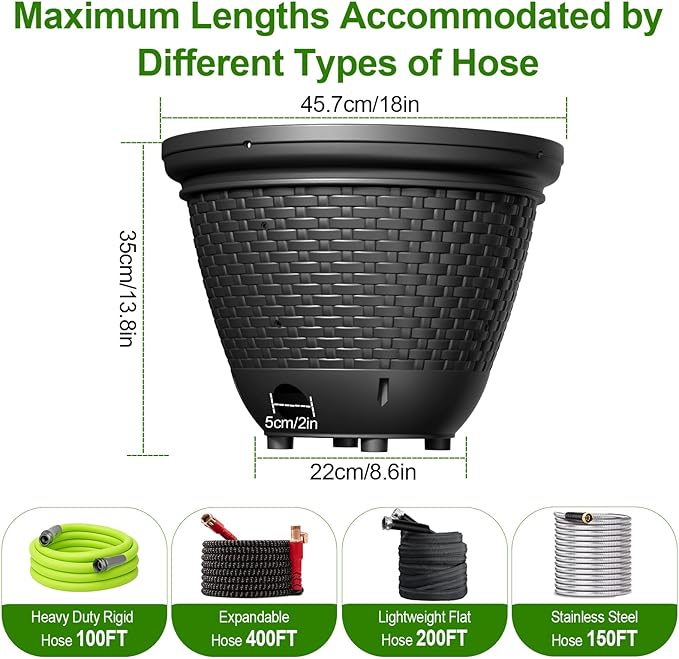 Riokko Garden Hose Holder Pot, Decorative Wicker Hose Holder, Water Hose Storage for Outside/Garage, Hose Box Fits 100-400 FT Hoses with 5 Drain Holes, Large Capacity & Assembly Required, Black