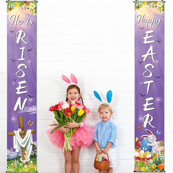 Happy Easter He Is Risen Porch Sign Banner Happy Easter Door Banners Hanging Decorations for Home Outdoor Indoor Wall Front Door Decor, 2 Pcs