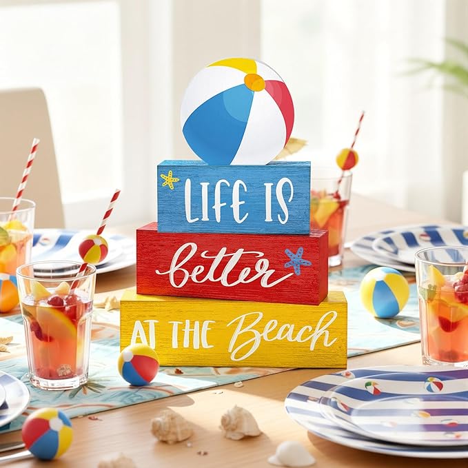 4 Pcs Summer Table Decor Rustic Beach Ball Wooden Signs Life Is Better at The Coastal Tiered Tray Decor Farmhouse Summer Centerpieces for Tabletop Home Office Desk Shelf Pool Party Decorations