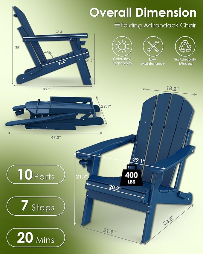 GREENVINES Folding-Adirondack-Chairs-Set-of-2 | HDPE Plastic | Fire Pit Chair | All Weather | Cup Holder | Blue | for Deck Backyard Patio Outdoor Garden