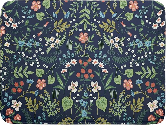 Flower Floral Dish Drying Mat 18x24 inch Microfiber Navy Blue Drying Mats with Hanging Loop Absorbent Green Leaves Dish Drainer Mat Reversible Flowers Drying Pad for Kitchen Counter Sink