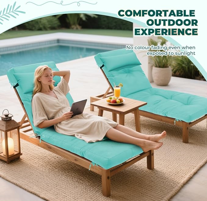 Waterproof Lounge Chair Cushion Outdoor for Chairs, Fade Resistant Chaise Lounger Cushions Replacement with 6 Ties, Thickened Memory Foam Pool Lounge Chair Cushions, 76 x 22 x 4.7 Inches, Teal